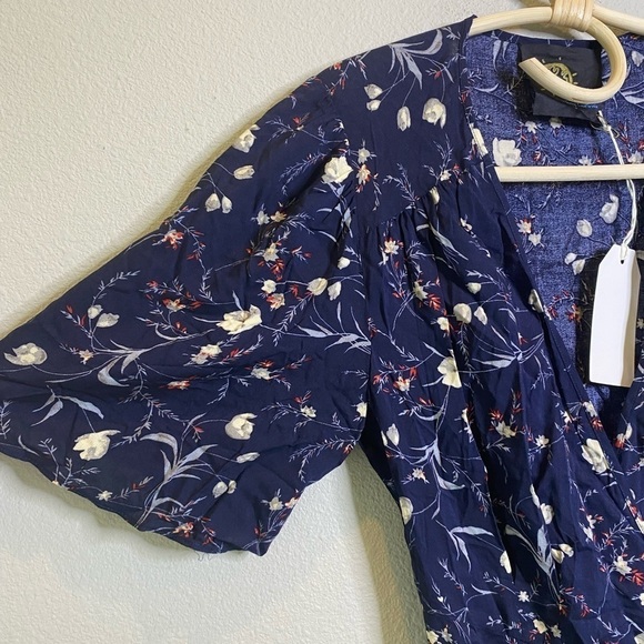 Revolve Ditsy Navy Floral Wrap Dress Feminine Summer by Blue Life Made in Ca - Picture 10 of 14